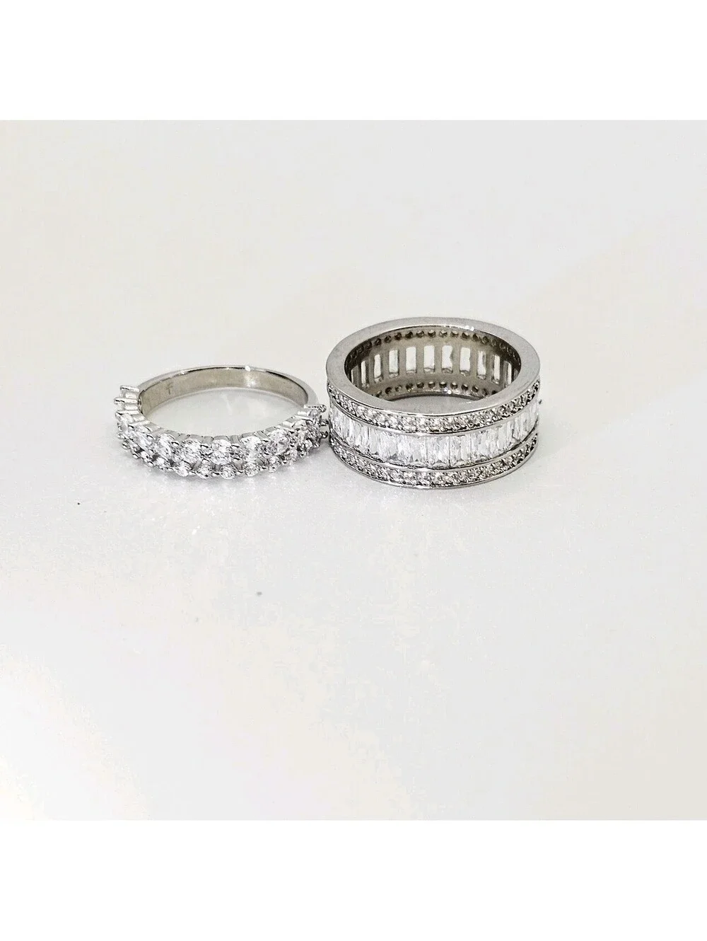 Lot of 2 CZ Stackable Rings Size 7.5 Rhodium Silver Pave Baguette Eternity Bands